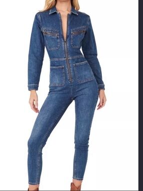 Free People Denim Zip-Front Jumpsuit in Blue